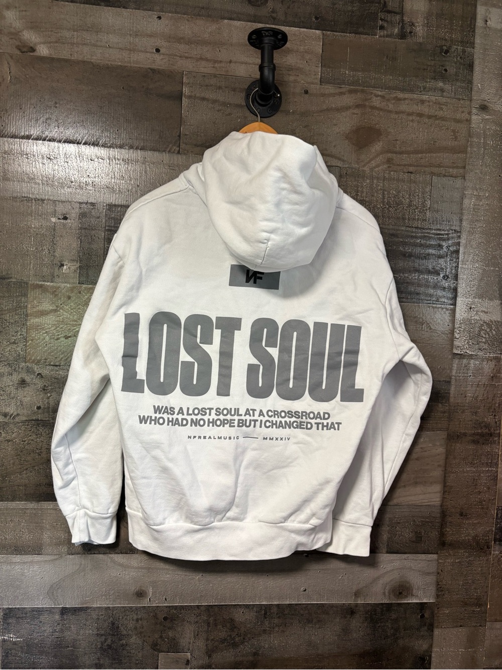 White Pullover Hoodie w/ lost soul Text Graphic